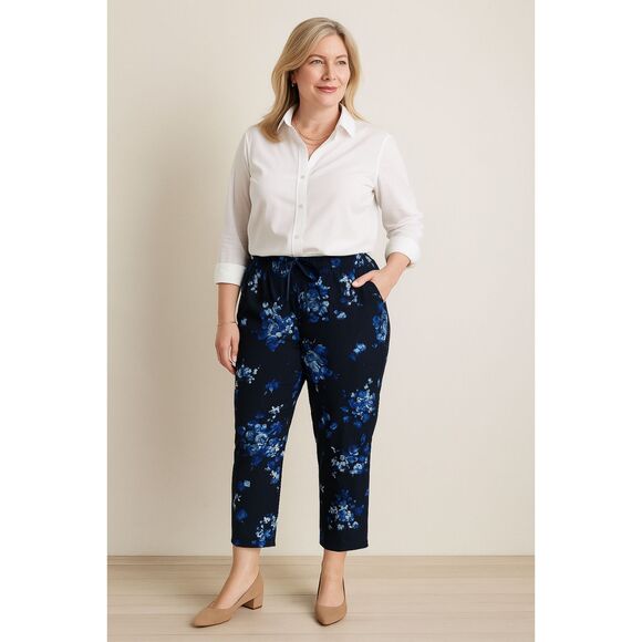 Coldwater Creek Floral Navy Ankle Pants Sz Large Petite Vacation Workwear Beach - Picture 16 of 16